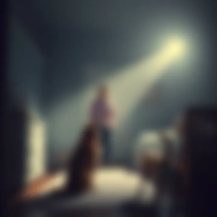 A mother stands in her late son's dimly lit room, accompanied by two dogs, one barking at a shadow. The atmosphere feels heavy and emotional, hinting at a past presence.