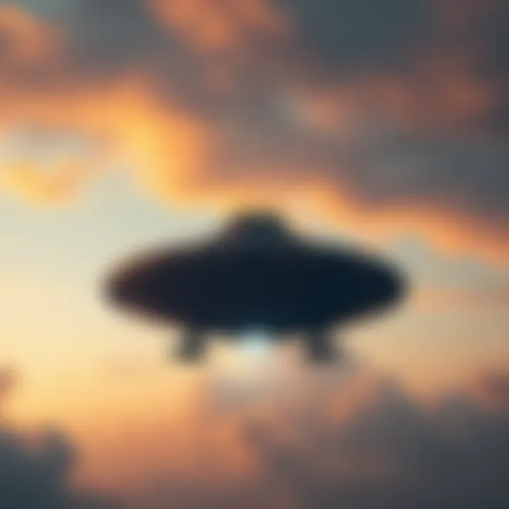 A large mothership hovers in the cloudy sky, with a dim light shining down, suggesting a connection to non-human intelligence and a potential reset of humanity.