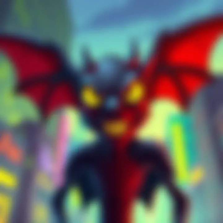 A colorful depiction of Mothman resembling a classic 90s cartoon character, with exaggerated features and a playful expression, set against a vibrant city backdrop.