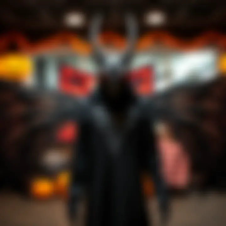 A unique Mothman costume featuring dark wings and a detailed face design, showcased against a backdrop of Halloween decorations.