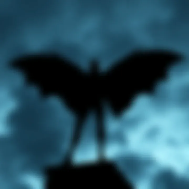 A dark silhouette resembling Mothman stands tall with wings spread against a cloudy night sky, symbolizing intrigue and mystery in popular culture.