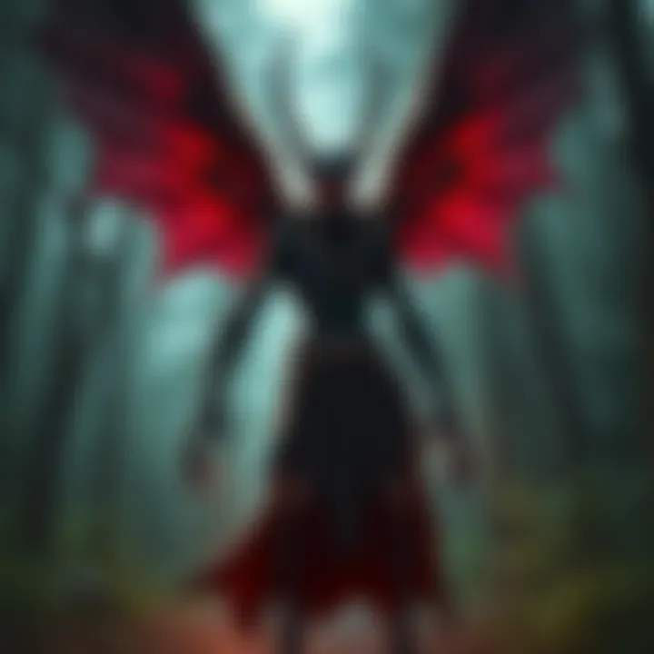 Art of a player character as Mothman in a tabletop RPG setting, with dark wings and glowing red eyes, surrounded by a forest background.