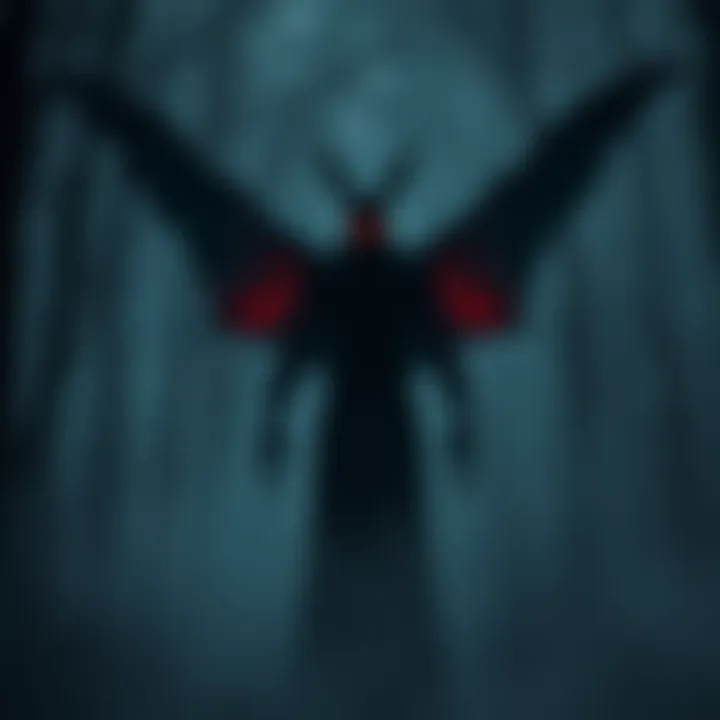 A shadowy figure resembling Mothman stands in a dark forest, with glowing red eyes and large wings, surrounded by mist and trees.