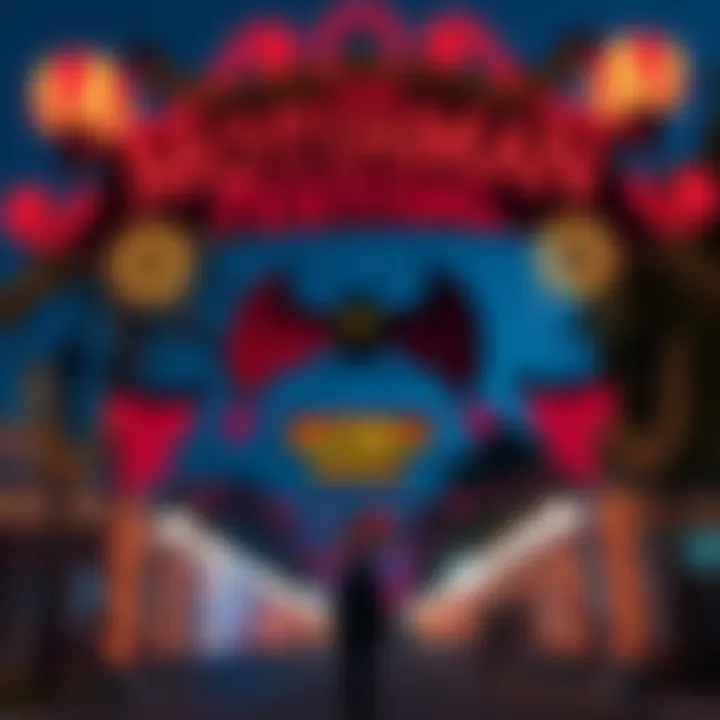 Colorful entrance sign for the Mothman Festival with decorations and lights