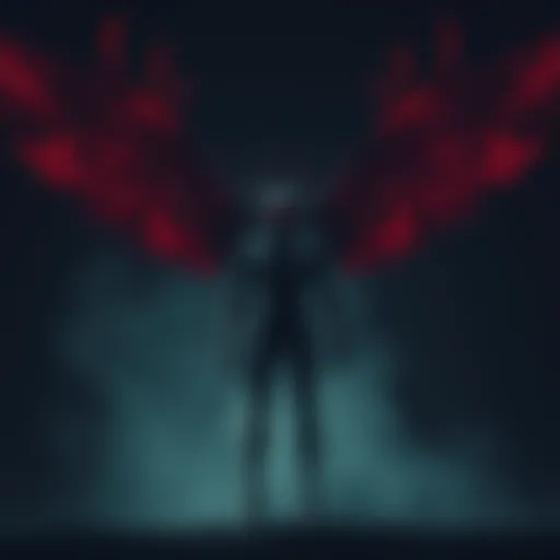 A tall, winged figure with red eyes stands in a dark, misty environment, resembling descriptions of Mothman.