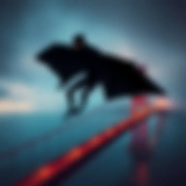 A shadowy figure resembling Mothman hovers over the Golden Gate Bridge at night, surrounded by strange lights.