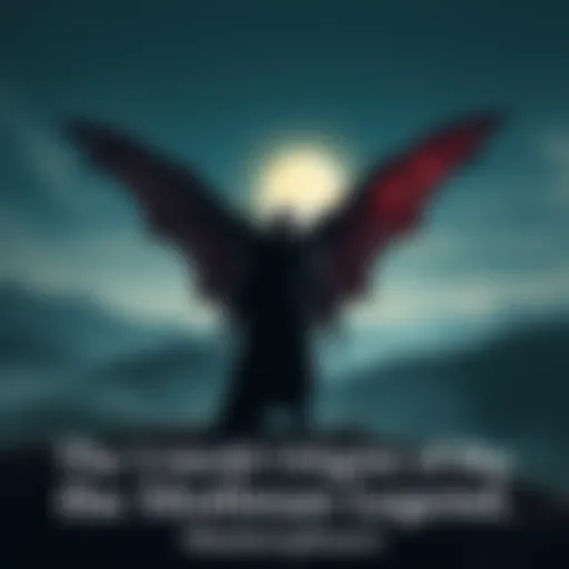 A dark figure with wings stands on a hill under a moonlit sky, representing the Mothman legend.