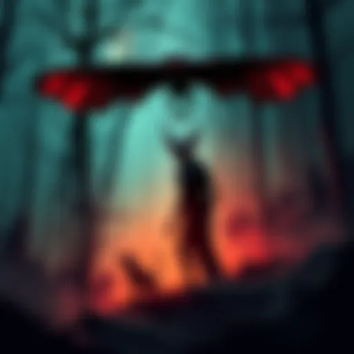 An illustration of Mothman and Jersey Devil standing in a dark forest, surrounded by mist and trees, showcasing their unique features.