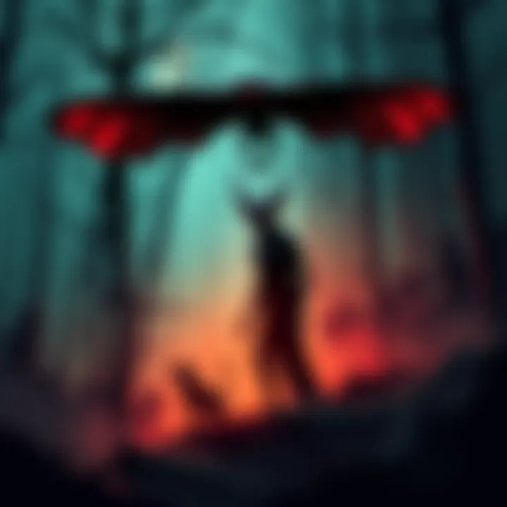 An illustration of Mothman and Jersey Devil standing in a dark forest, surrounded by mist and trees, showcasing their unique features.