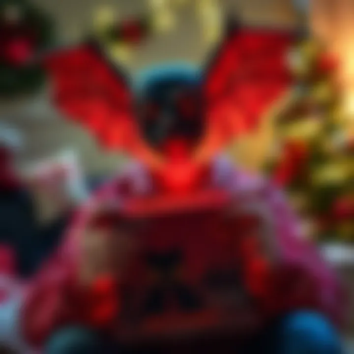 A person excitedly unboxing a Mothman pop figure, showcasing its unique design and vibrant colors, with festive decorations in the background.