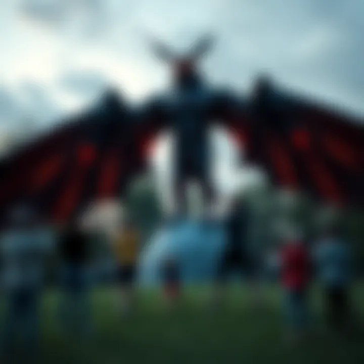 Mothman Statue in Point Pleasant The Mothman statue stands tall in Point Pleasant, surrounded by trees and grass, attracting visitors taking photos.