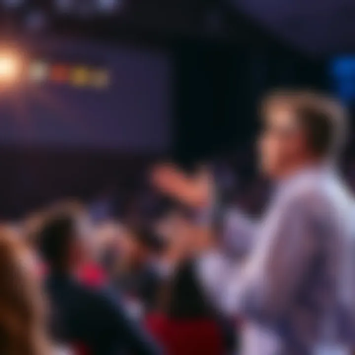 A motivational speaker energizes an audience with an inspiring talk, encouraging confidence and positivity.