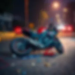 A motorcycle lying on its side on a road with debris scattered around, indicating a recent crash