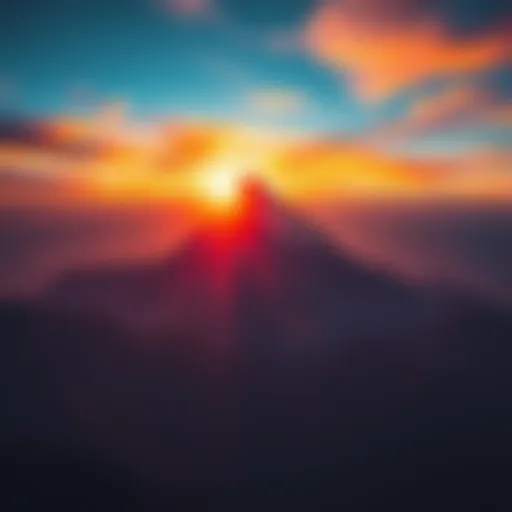 A breathtaking view of Mount Kailasha during sunrise, showcasing its towering peak and color-filled sky.