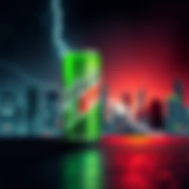 A can of Mountain Dew next to a darkened city skyline, symbolizing power outages and the Mountain Dew Theory.