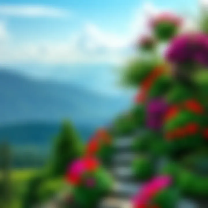 A lush garden on a mountain with vibrant flowers and greenery overlooking a scenic view.