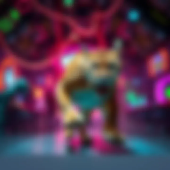 A mountain lion chasing a person in a colorful alien nightclub filled with strange creatures and vibrant lights