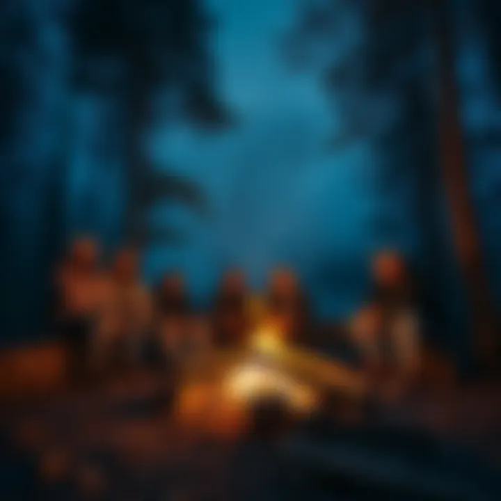 The team from Mountain Monsters sitting around a campfire in the woods, discussing their next adventure.