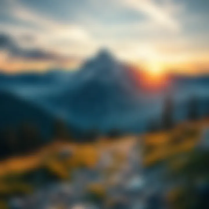 A tranquil mountain landscape at sunrise, showcasing a path leading into the peaceful wilderness, symbolizing a journey towards mindfulness and community.
