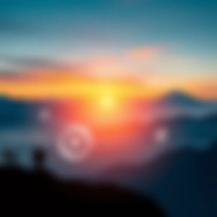 A scenic view of a mountain with digital orbs and military silhouettes in the foreground, symbolizing the connection to MH370's orb technology.