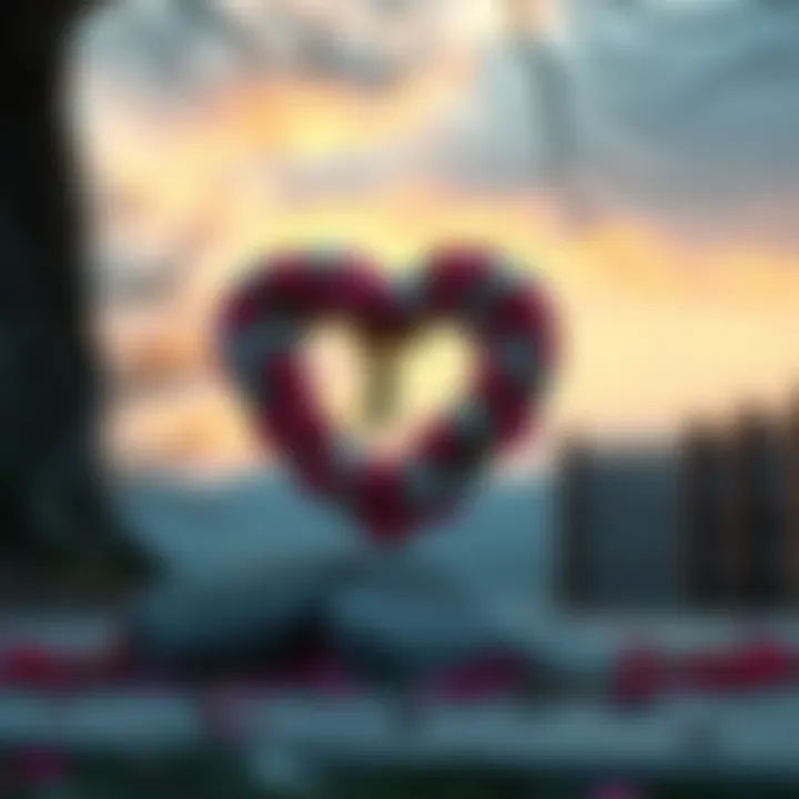 A heart shaped wreath made of flowers placed on a stone, symbolizing loss and remembrance.