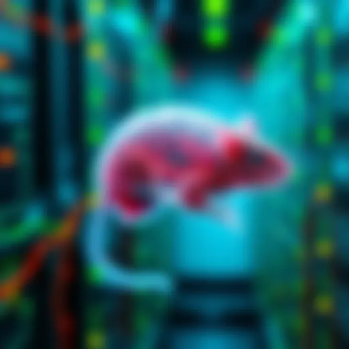 A visual representation of a mouse brain simulation showing neural connections and activity in various brain regions, illustrating advanced neuroscience research.