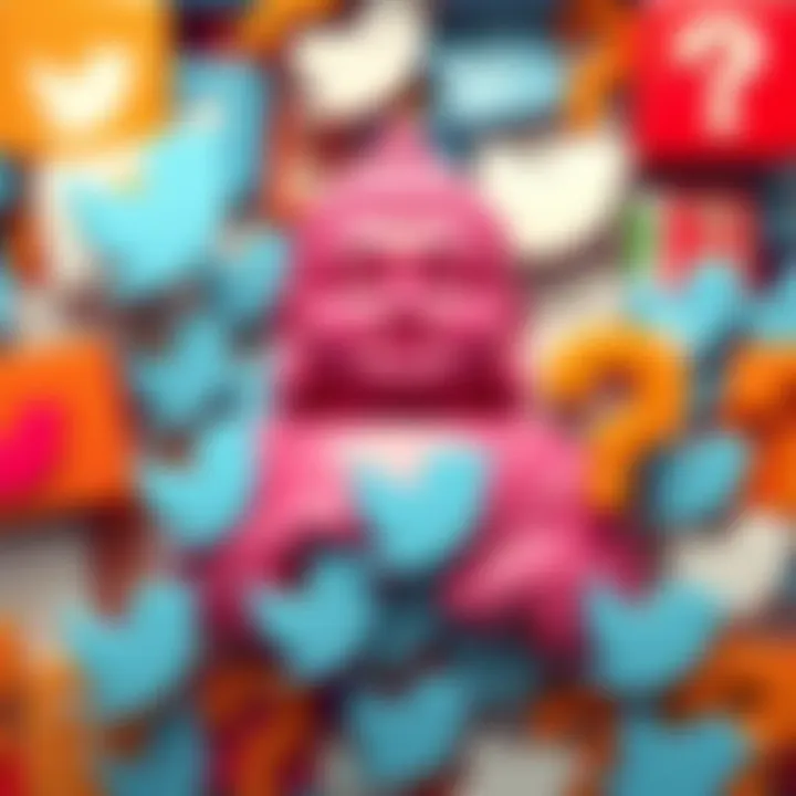 A collage of Twitter logos and question marks, symbolizing the debate over the authenticity of Mouthy Buddha's online presence.