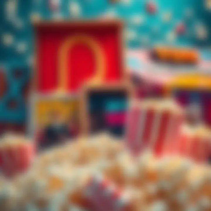 A collection of colorful movie posters surrounded by popcorn, highlighting upcoming films.