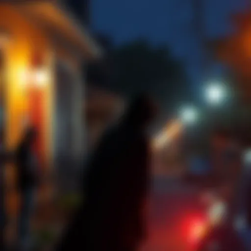 A faint, shadowy figure seen in a New Orleans neighborhood at night, surrounded by curious residents looking on.