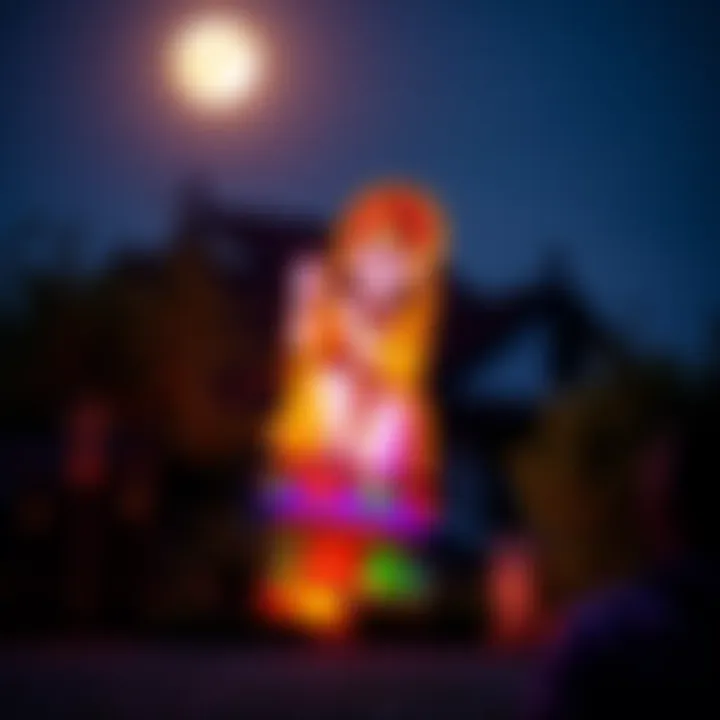 A person gently moves a bright, 7-color statue outdoors during a full moon ritual, surrounded by soft moonlight and greenery.