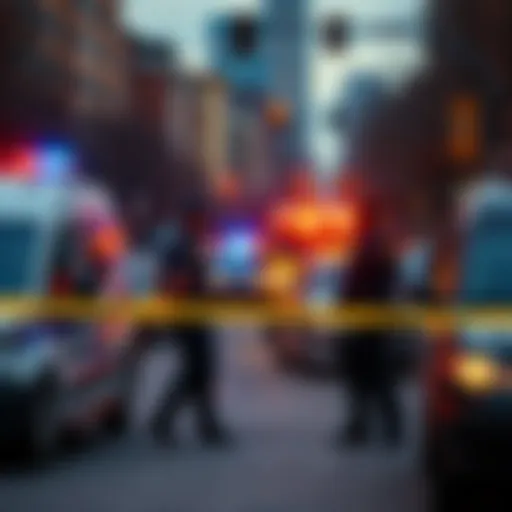 Police officers at the scene of a recent shooting in Minneapolis, with a focus on emergency vehicles and onlookers.