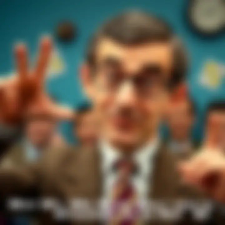 Mr. Bean, portrayed by Rowan Atkinson, making a silly face while wearing his signature suit and tie, surrounded by comedic elements
