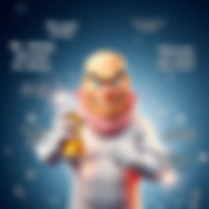 A cartoon character resembling Mr. Clean with a mischievous smile, holding a bottle of cleaning product, surrounded by sparkles and humorous text quotes.