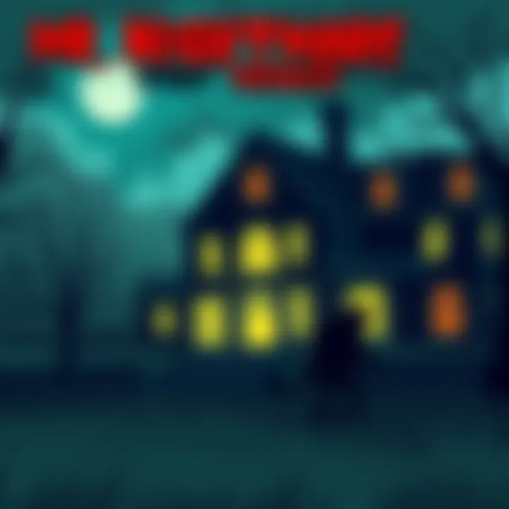 A dark, spooky illustration featuring a haunted daycare building with a shadowy figure resembling a werewolf lurking nearby, representing fan theories about Mr. Nightmare's stories.