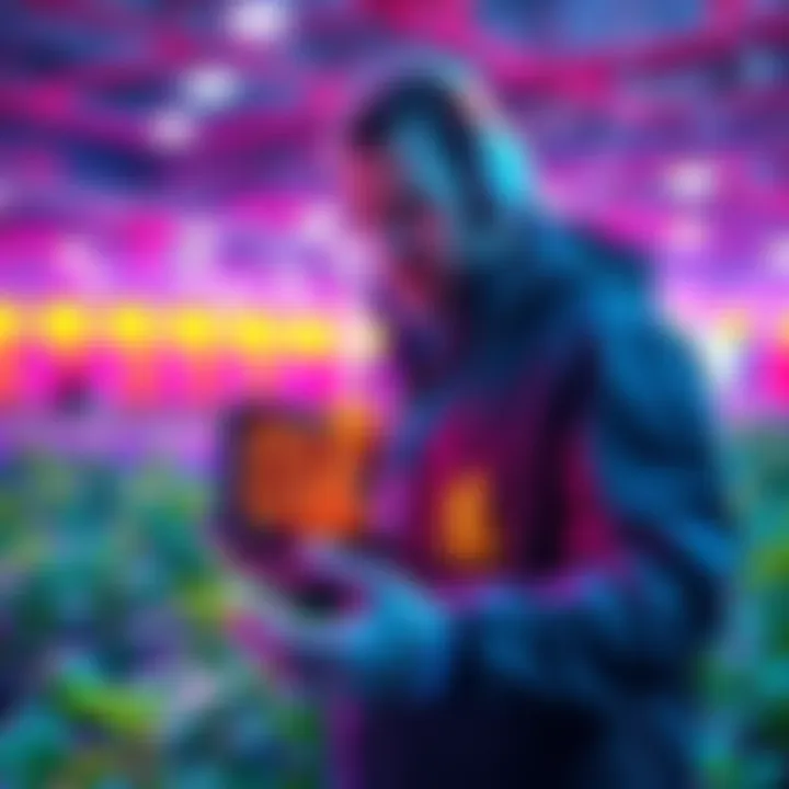 Mr. Beast showcasing a Neuralink device and a cloned garden in a vibrant setting