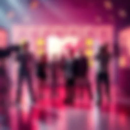 A group of actors on a colorful MTV set, blending entertainment and espionage themes, with silhouettes representing CIA operatives in the background.