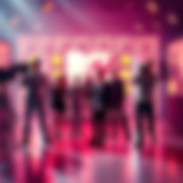 A group of actors on a colorful MTV set, blending entertainment and espionage themes, with silhouettes representing CIA operatives in the background.