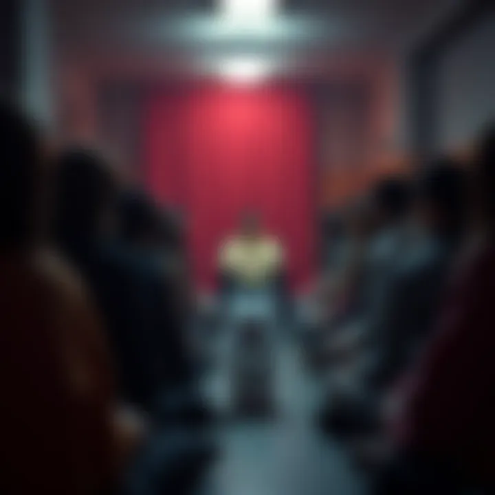 A group of people sitting in a dimly lit room, appearing exhausted and focused on a leader at the front, illustrating the 'mu' technique in action.