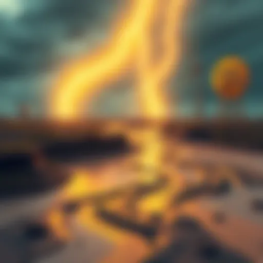 A conceptual illustration showing mud floods affecting a landscape with energy symbols like lightning and gears.