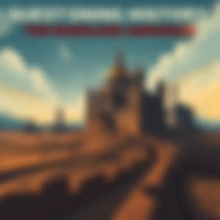 Illustration showing a city partially buried in mud, with historical buildings emerging from the ground, symbolizing the mudflood theory.