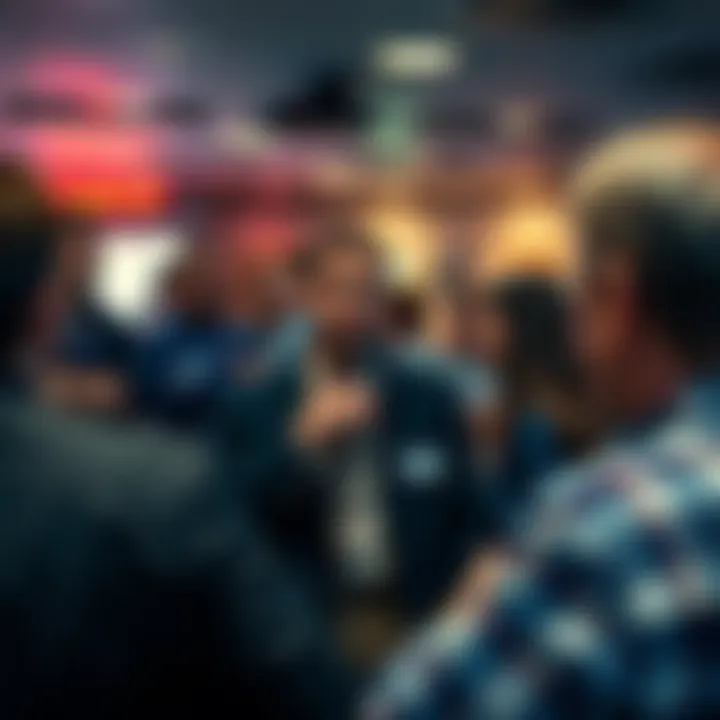 A group of people discussing in a Meetup setting, highlighting the new leader of MUFON LA with a confused expression, surrounded by interested members.