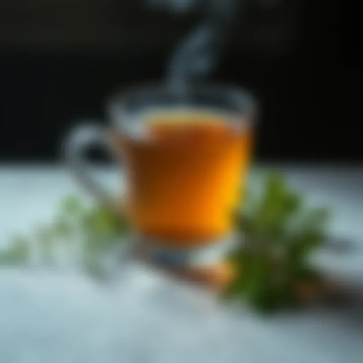 A cup of mugwort tea with fresh mugwort leaves beside it, showcasing the preparation process for enhancing dreaming.