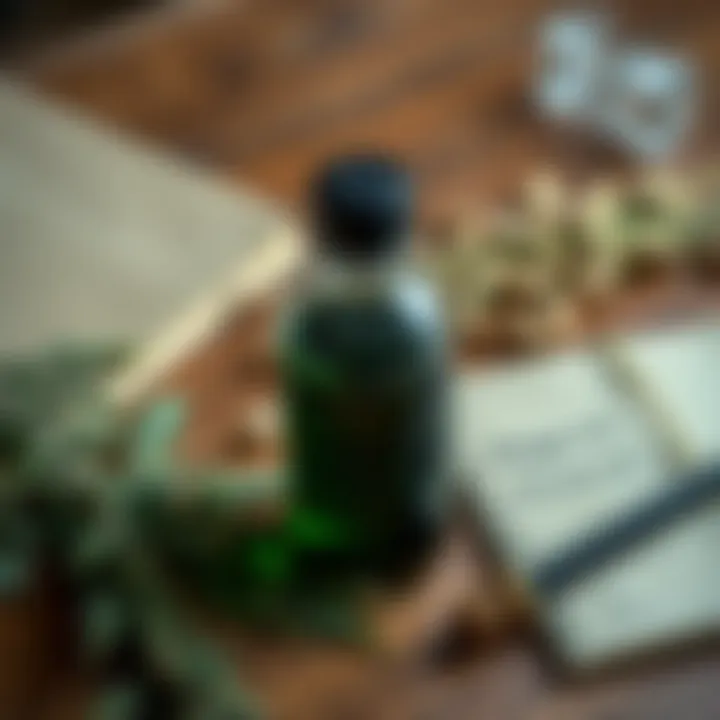 A small bottle filled with dark green mugwort tincture placed on a wooden table next to dried mugwort leaves and a dream journal.