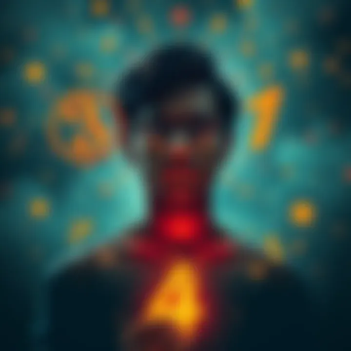 A person reflecting on their life challenges, surrounded by symbols of numerology like the number 4, feeling a mix of solitude and determination.