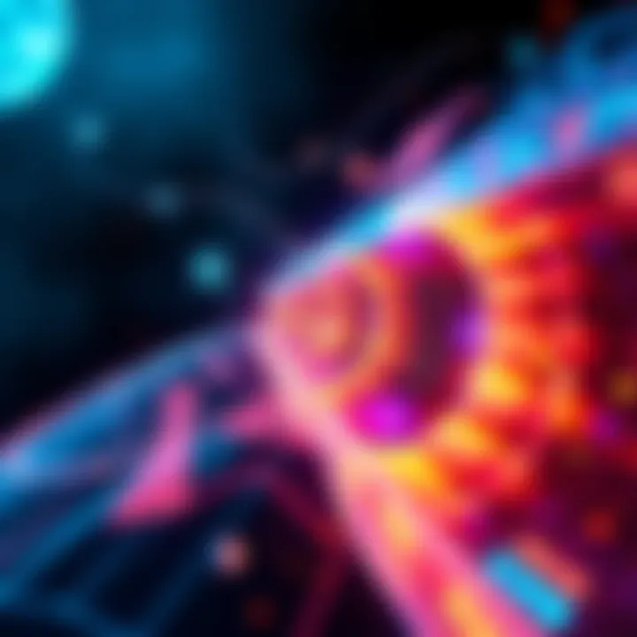 A visual representation of multi-dimensional time with colorful, overlapping timelines and elements of dark matter and dark energy.