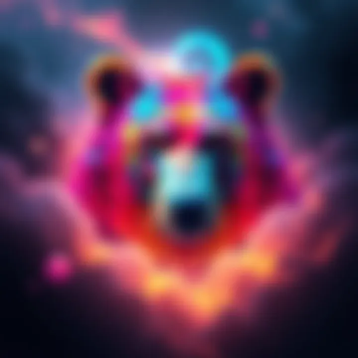 A colorful bear with five eyes, surrounded by a serene, dream-like atmosphere representing a divine encounter.