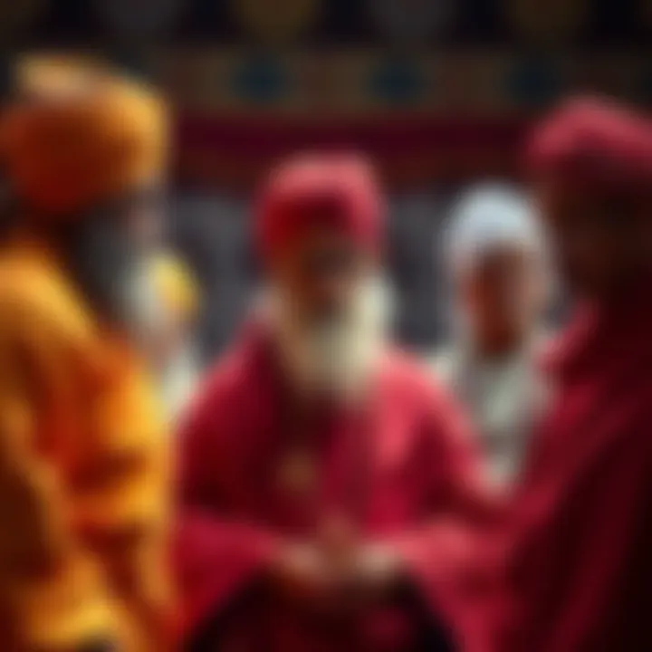A person receiving teachings from different spiritual leaders wearing traditional clothing, representing diverse traditions.