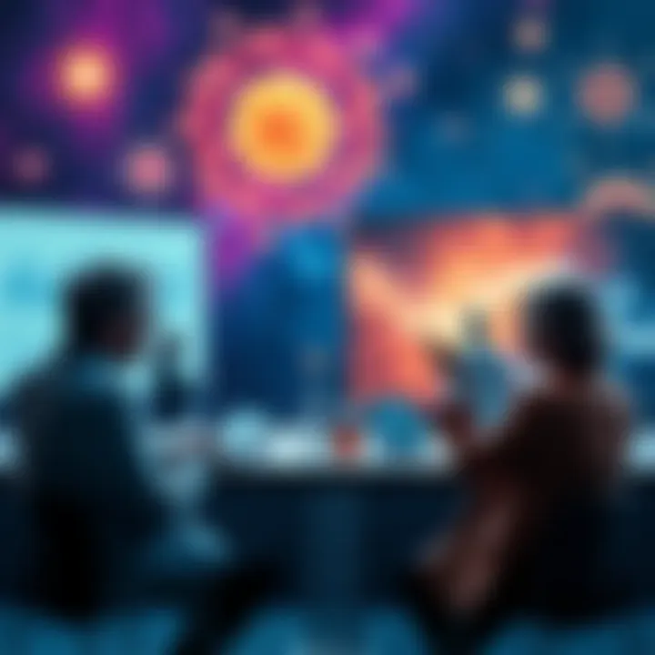 Scientists engaging in a discussion about multiverse theories with charts and cosmic imagery in the background