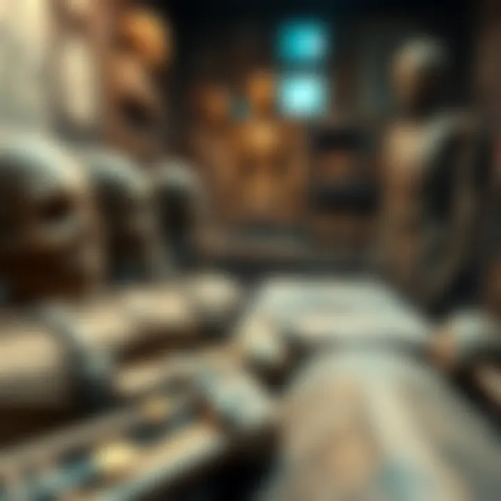 A display of ancient mummies in a private collection, showcasing different artifacts and burial items, reflecting the collector's passion for ancient history.