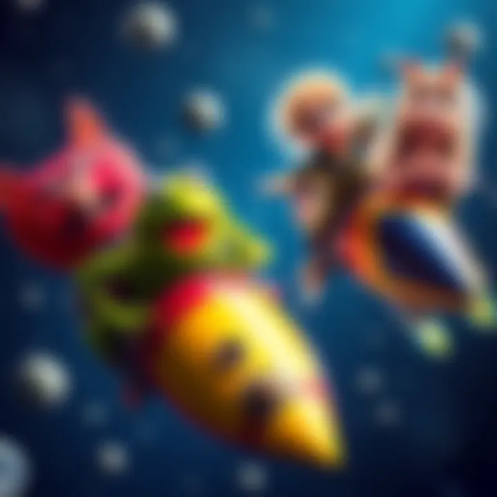 Iconic Muppets characters like Kermit and Miss Piggy soaring through space in colorful rockets
